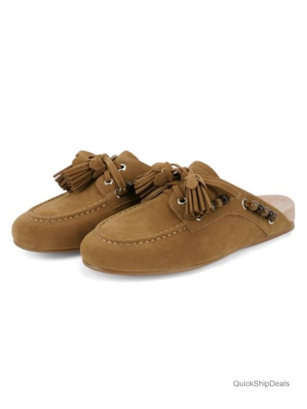 Faux Suede Boho Mules with Tassel & Beaded Trim Slip-On Backless Loafers
